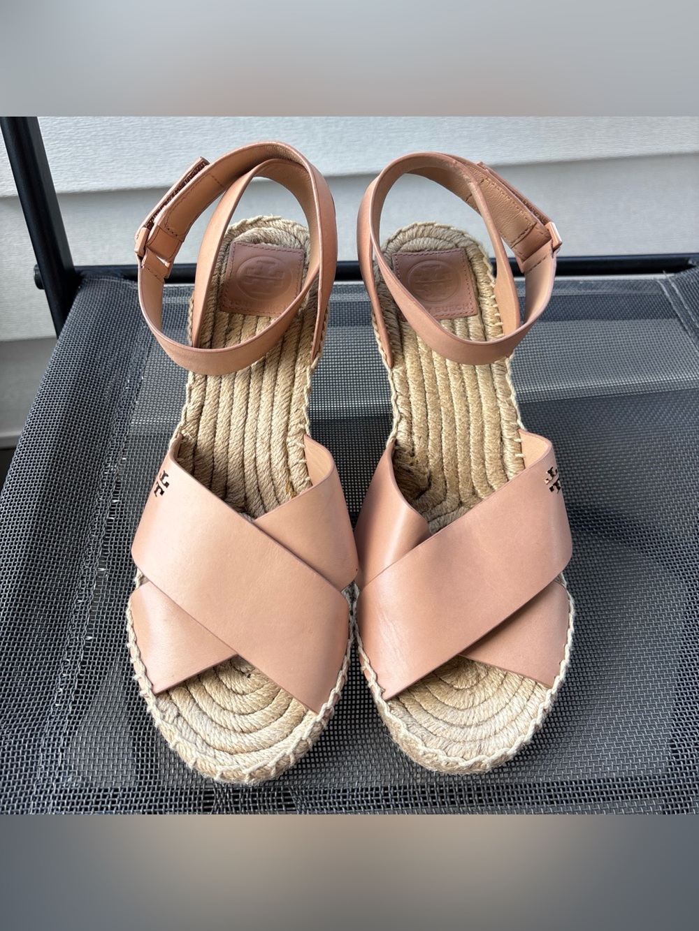 Tory Burch Tan Leather Wedge Espadrille Sandals Size 8.5
